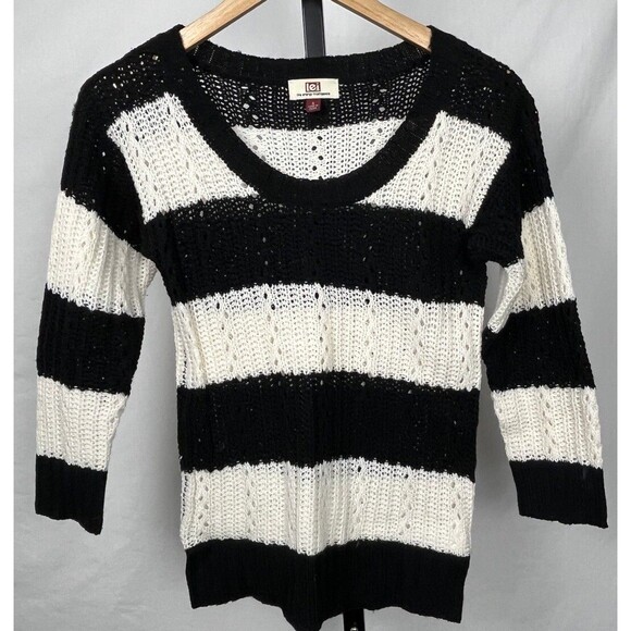 LEI Striped Sweater Top Small Black Cream 3/4 Sleeve Scoop Neck Knit Pullover - Picture 2 of 4